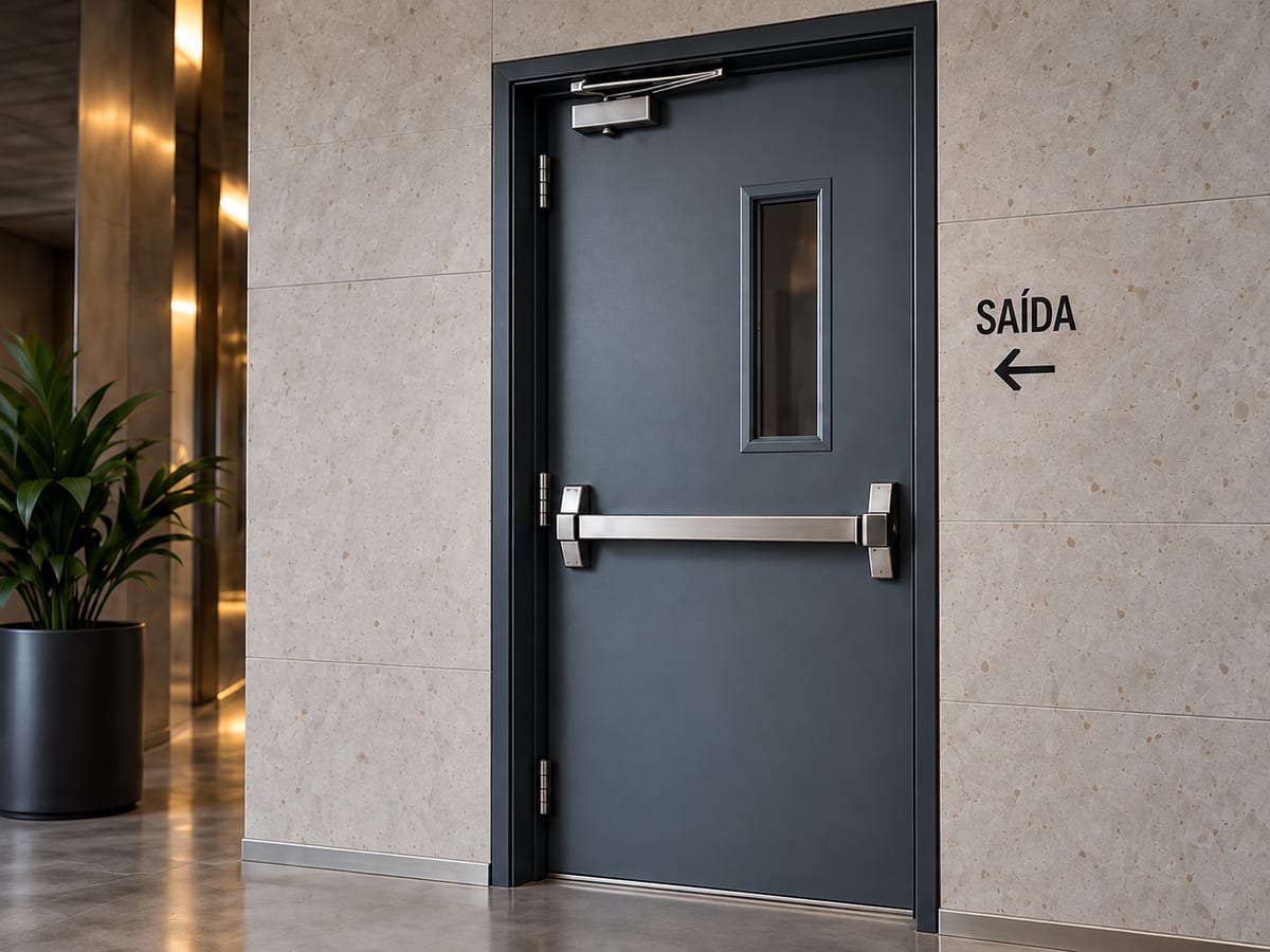Porta corta-fogo instalada em corredor de circulação, com barra antipânico e visor