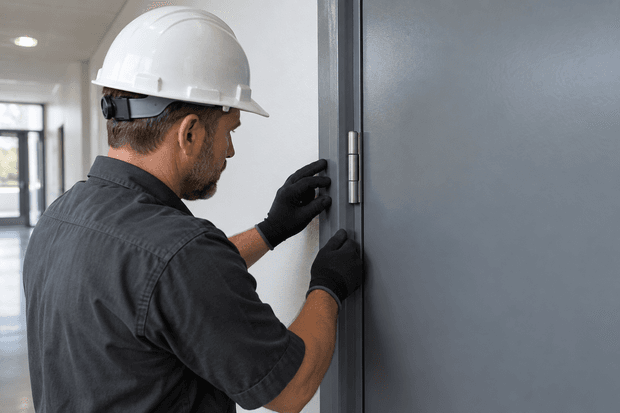 Técnico da Apoio avaliando uma porta corta-fogo